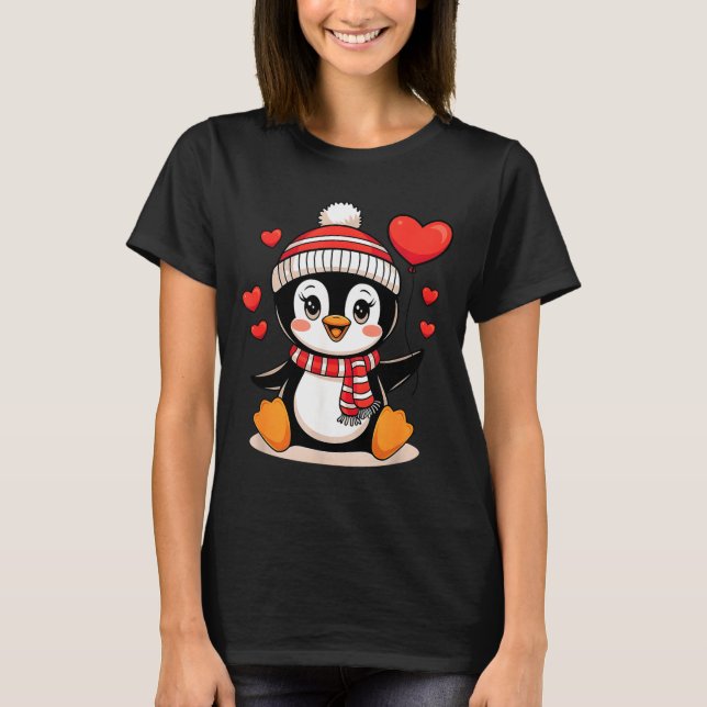Valentine's Day Penguin Heart Balloon Cute  T-Shirt (Front)