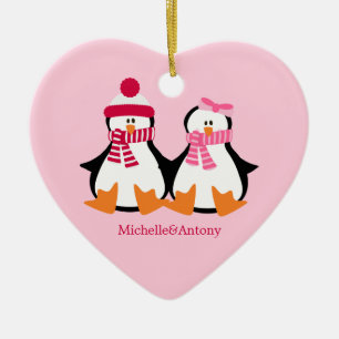 Valentines Day Penguins Ceramic Tree Decoration