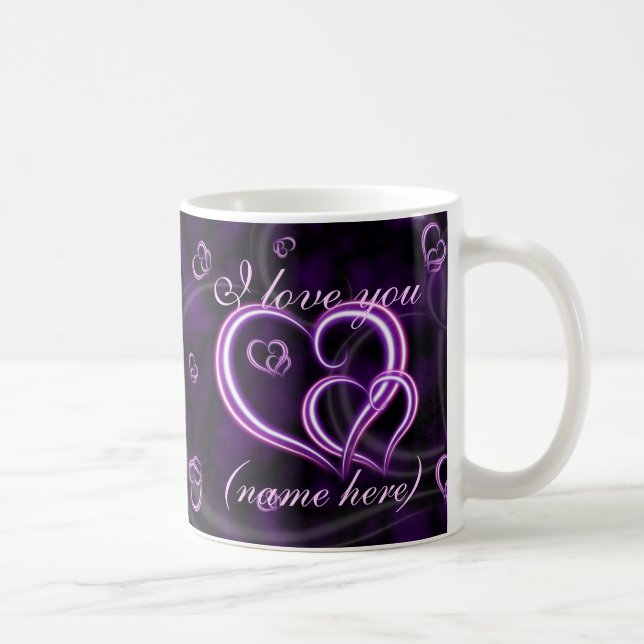 Valentine's Day Personalise Name Purple Hearts Coffee Mug (Right)