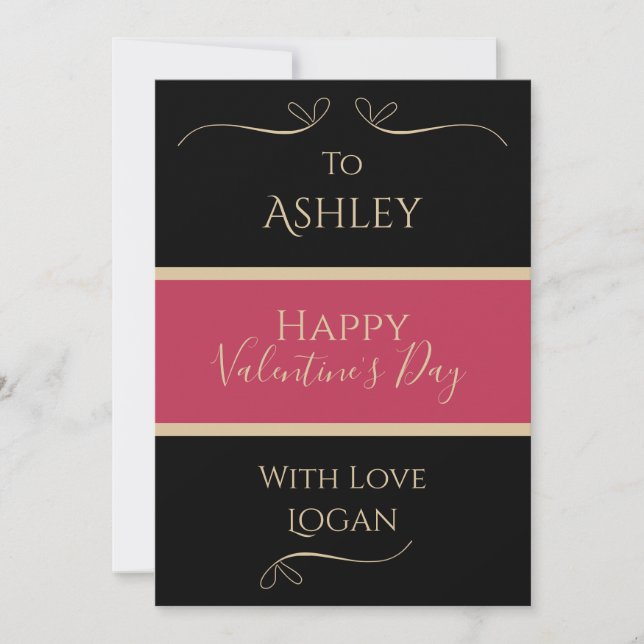 Valentines Day Personalised Elegant Black Gold Red Holiday Card (Front)