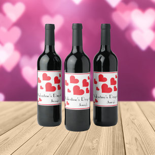 Valentine's Day Personalised Name Cute Red Hearts Wine Label