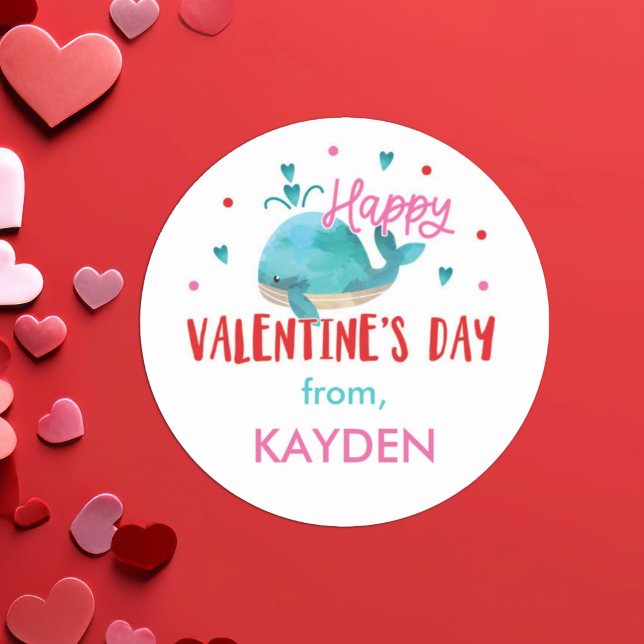 Valentine's Day Personalised Whale Treat   Classic Round Sticker (Creator Uploaded)