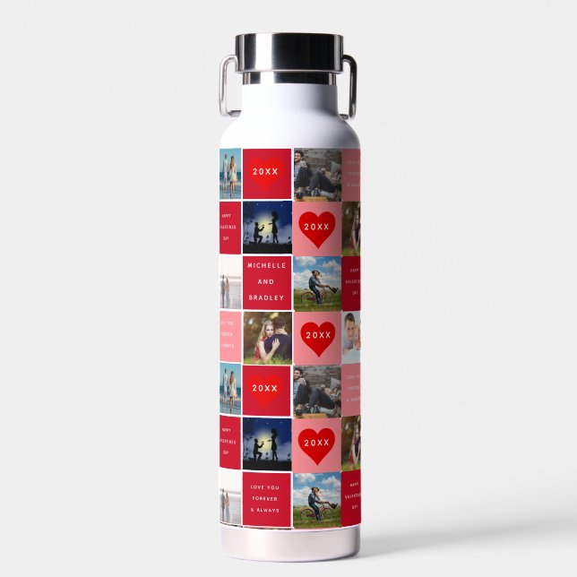 Valentine's Day Photo Grid Poster Water Bottle (Front)