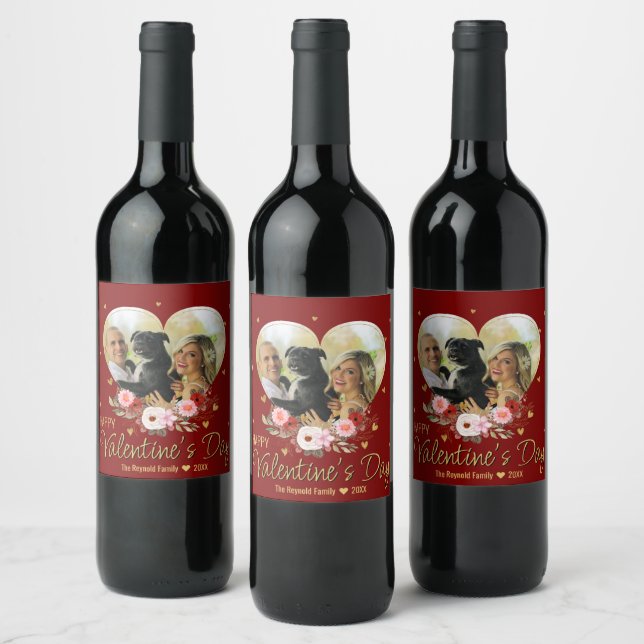Valentine's Day Photo Heart Gold Glitter Heart Red Wine Label (Bottles)