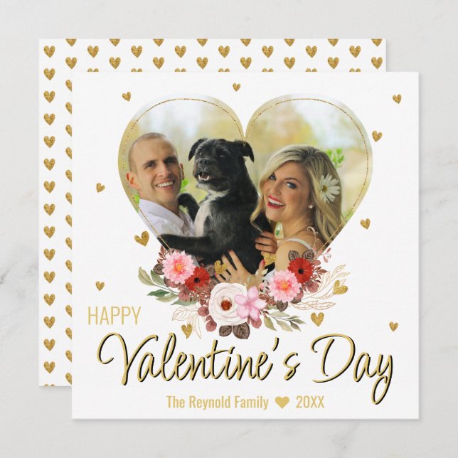 Valentine's Day Photo Heart Gold Glitter Hearts Holiday Card (Front/Back)