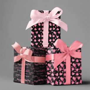 Valentine's Day Pink and Black Hearts Script love  Wrapping Paper Sheet