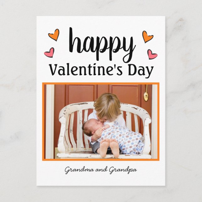 Valentine's Day Pink and Orange Hearts One Photo Holiday Postcard (Front)