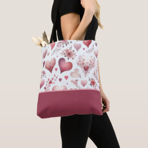 Valentine's Day Pink and Red Hearts, Color Block Tote Bag