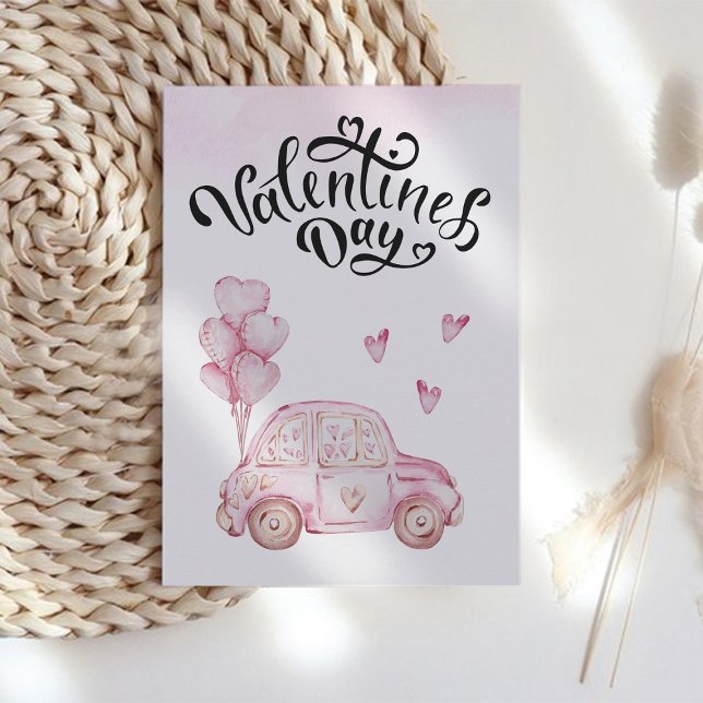 Valentine's Day Pink Cute Car Holiday Card (Creator Uploaded)