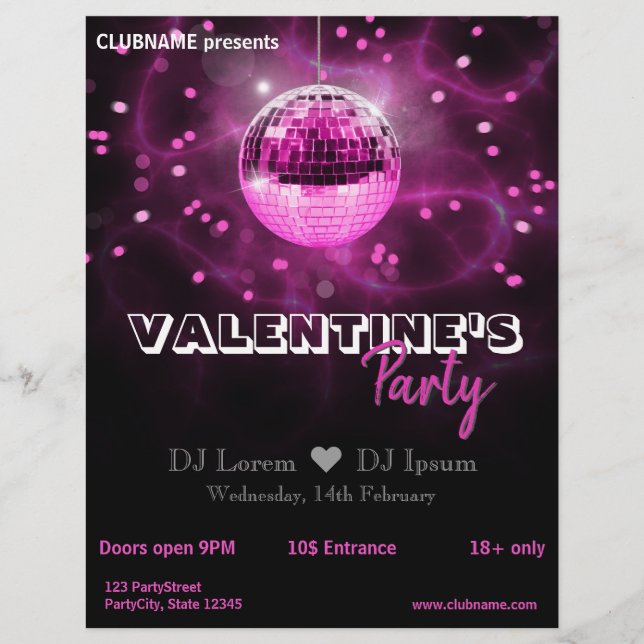 Valentine's Day Pink Disco Ball Party Flyer (Front)