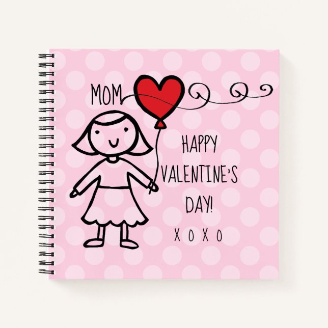Valentine's Day Pink Dots Red Heart Mum Cartoon Notebook (Front)