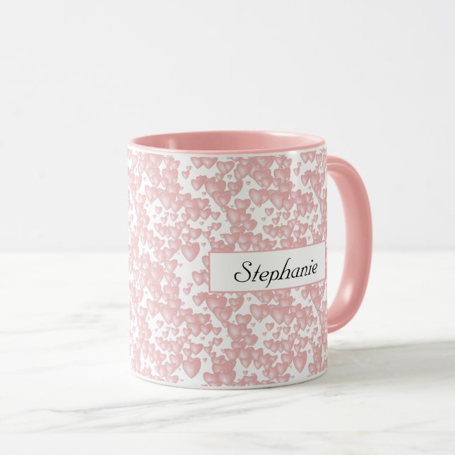 Valentine's Day Pink Floating Hearts Pattern Name Mug (Front Right)