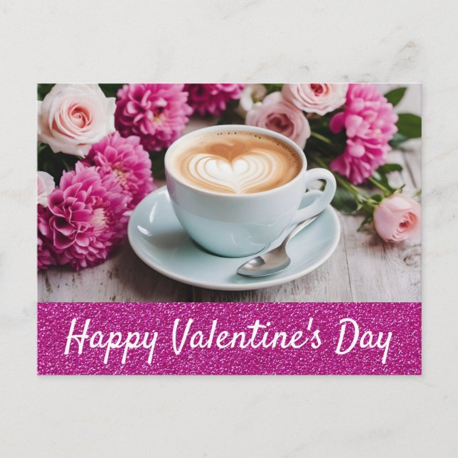 Valentines Day Pink Floral Cappuccino Coffee Heart Postcard (Front)