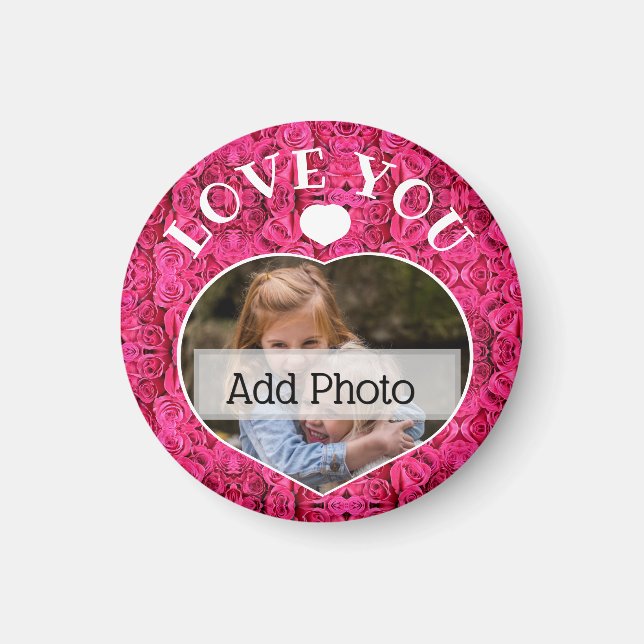 Valentines Day Pink Floral Love You Heart Photo Magnet (Front)