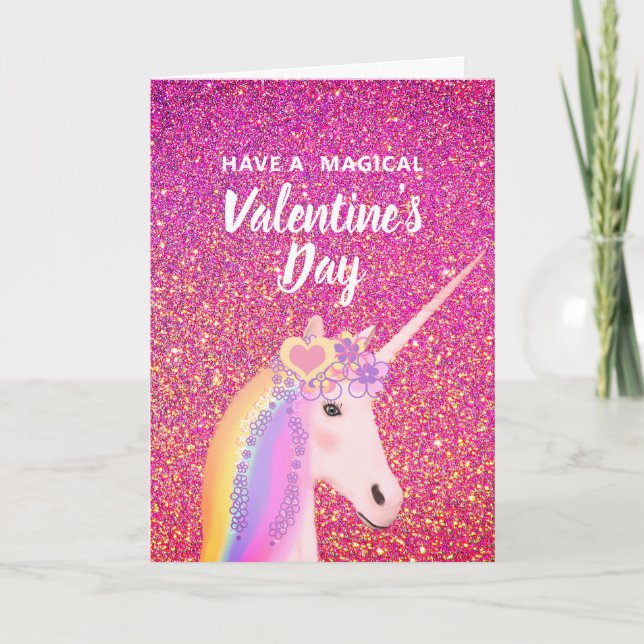Valentine's Day Pink Glitter Unicorn Kids Holiday Card (Front)