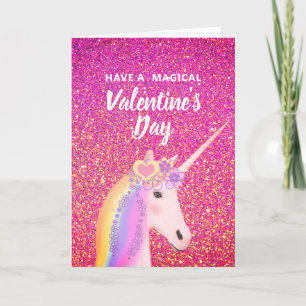 Valentine's Day Pink Glitter Unicorn Kids Holiday Card