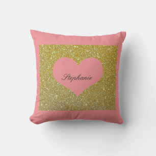 Valentine's Day Pink Gold Glitter Monogram Heart Cushion