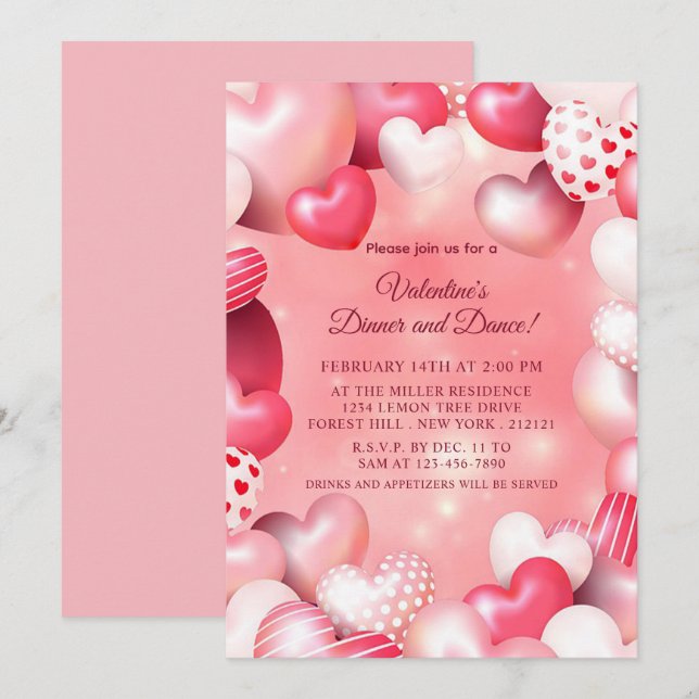 Valentine's Day Pink Heart Ballon  Invitation (Front/Back)