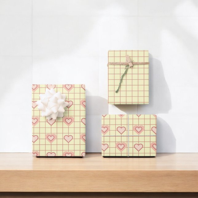 Valentine's Day Pink Heart Cream Chequered Pattern Wrapping Paper Sheet (Creator Uploaded)