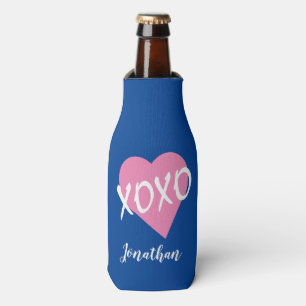 Valentine's Day Pink Heart Kisses Hugs XOXO Blue Bottle Cooler