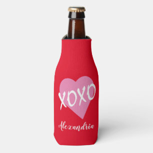 Valentine's Day Pink Heart Kisses Hugs XOXO Red Bottle Cooler