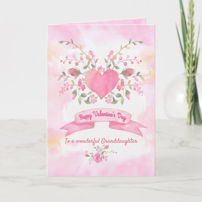 Valentines Day Pink Heart with Flowers Holiday Card (Front)