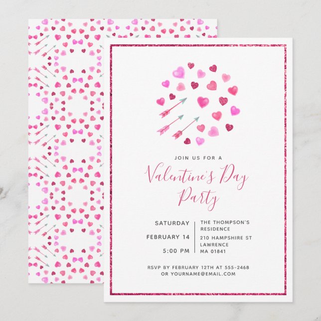 Valentine's Day Pink Hearts and Arrows Invitation (Front/Back)