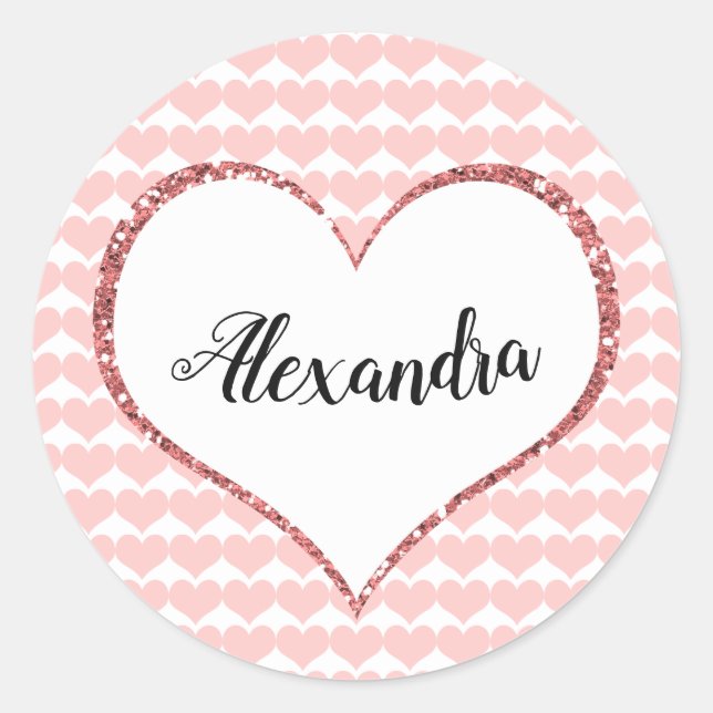 Valentine's Day Pink Hearts Custom Name Classic Round Sticker (Front)