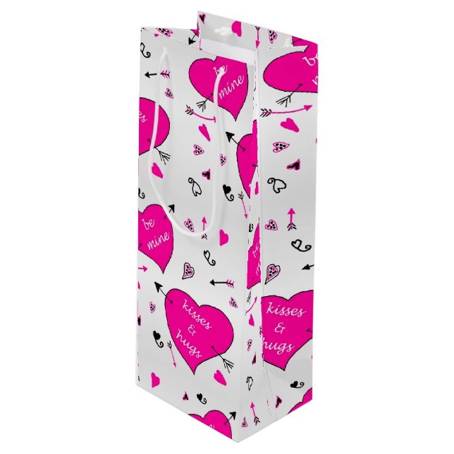 Valentines Day Pink Hearts Hugs n Kisses Wine Gift Bag (Front Angled)
