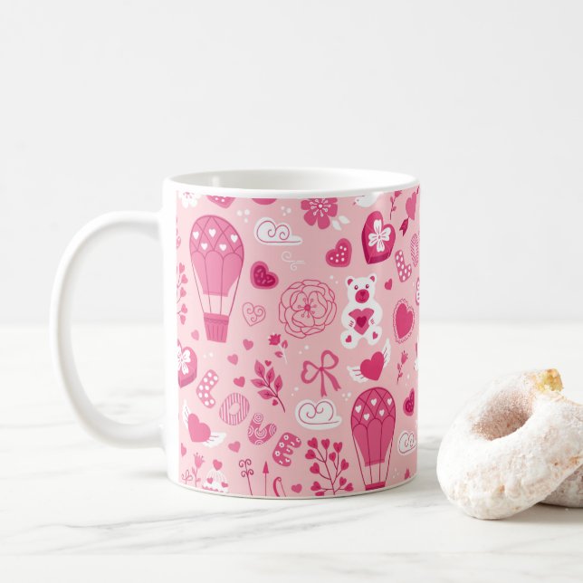 Valentine's Day Pink Hearts Love Bear Flowers Coffee Mug (With Donut)