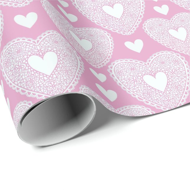 Valentine's Day Pink Lace Heart Pattern Wrapping Paper (Roll Corner)