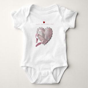 Valentine's Day Pink Lace Heart Satin Ribbon Baby Bodysuit