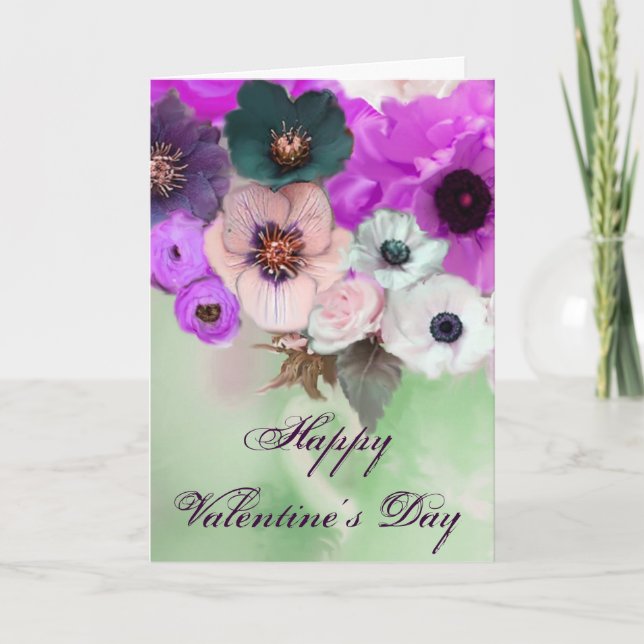 VALENTINE'S DAY PINK PURPLE ROSES, ANEMONE FLOWERS HOLIDAY CARD (Front)