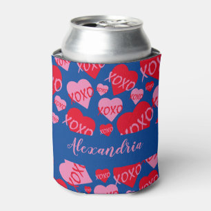 Valentine's Day Pink Red Heart XOXO Pattern Blue Can Cooler