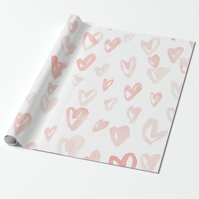 Valentine's Day Pink Watercolor Hearts Wrapping Paper (Unrolled)