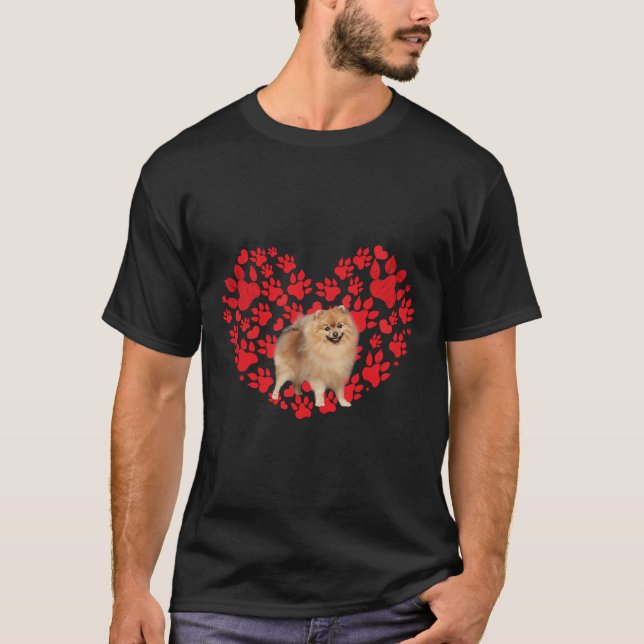 Valentines Day Pomeranian Dog Lover Heart Paw T-Shirt (Front)