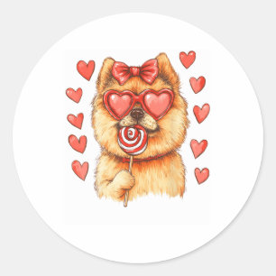 Valentines Day Pomeranian Dog With Lollipop Heart  Classic Round Sticker