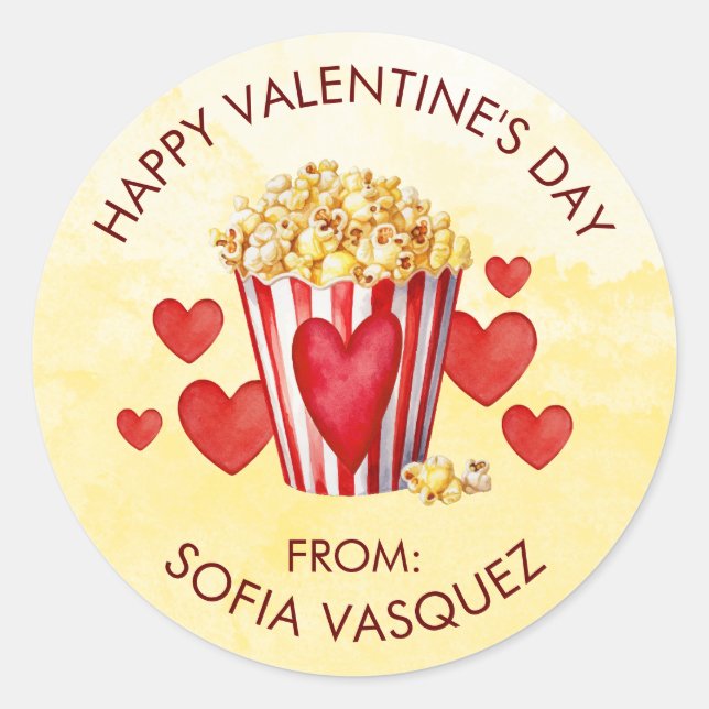 Valentines Day Popcorn Treats Favours School Kids Classic Round Sticker (Front)