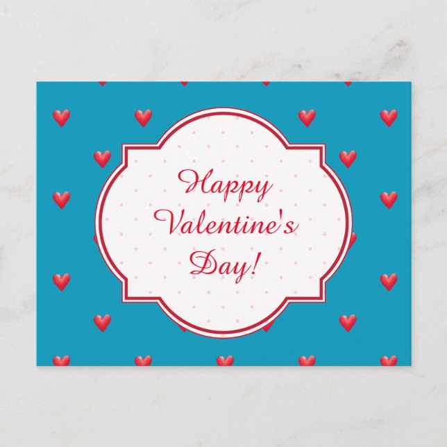 Valentine's Day Postcard, Aqua, Red Hearts Holiday Postcard (Front)