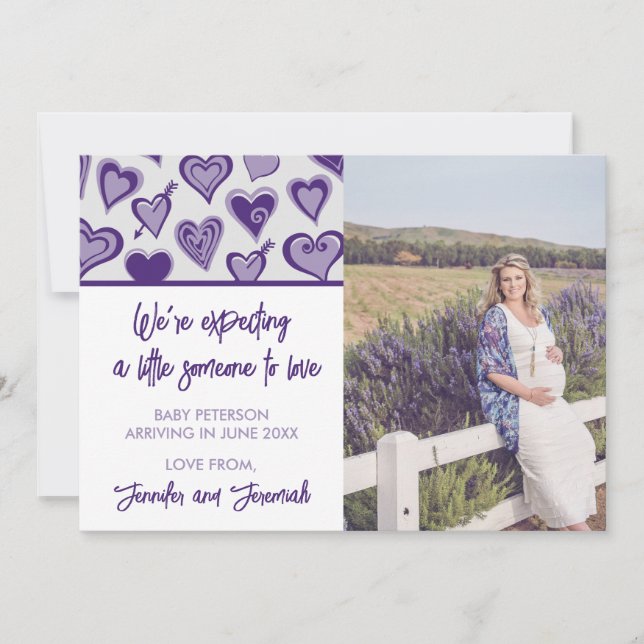 Valentines day pregnancy announcement cards purple (Front)