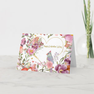Valentine's Day Pretty Bird Watercolor Floral Holiday Card