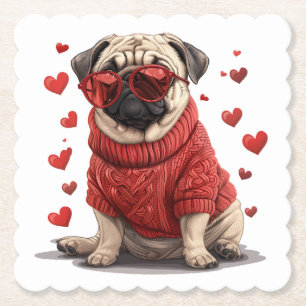 Valentines Day Pug Dog Paper Coaster