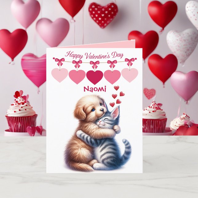 Valentine's Day Puppy Kitten Add Name For Kids Holiday Card (Creator Uploaded)