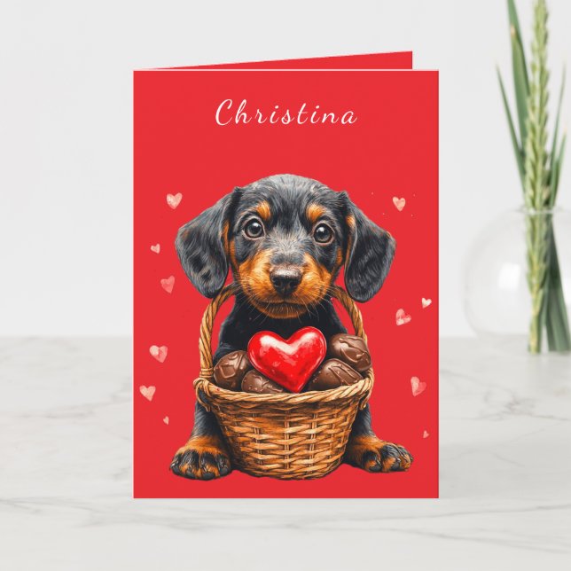 Valentines Day Puppy Pink Chocolate Hearts Basket Card (Front)