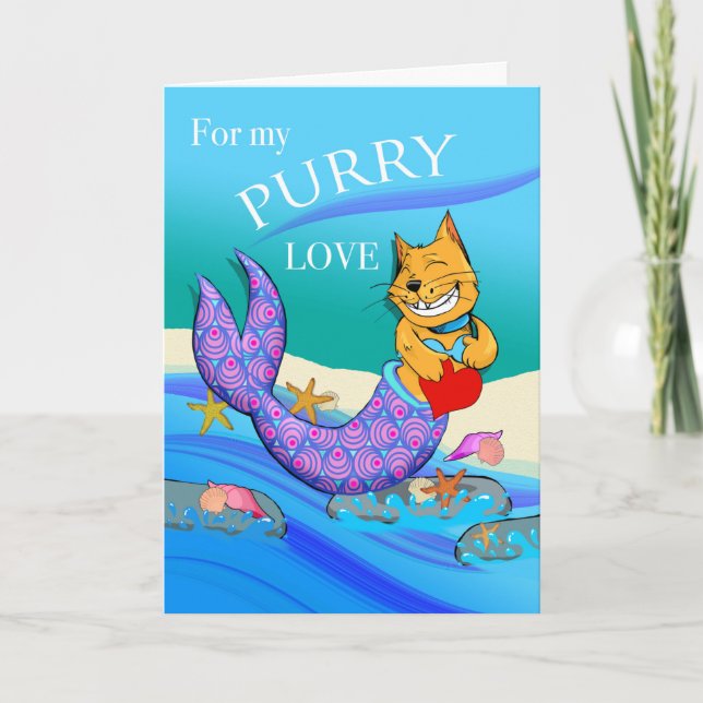 Valentine's Day Purrmaid, Mercat with Heart Card (Front)