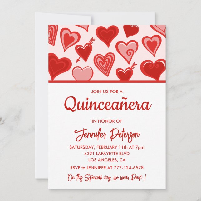 Valentines day quinceanera invitations heart red (Front)
