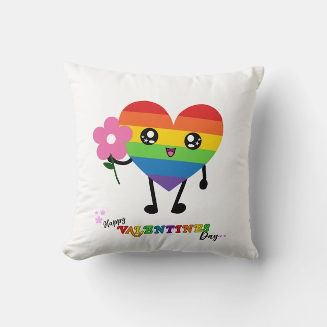 Valentines Day Rainbow Heart Throw Pillow (Front)