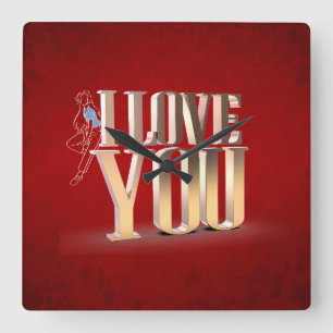 Valentine's Day Red 3D I Love You  Square Wall Clock