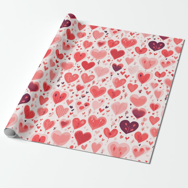 Valentine's Day Red and Pink Hearts Wrapping Paper (Unrolled)