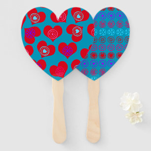 Valentine's Day Red Aqua Hearts Hand Fan